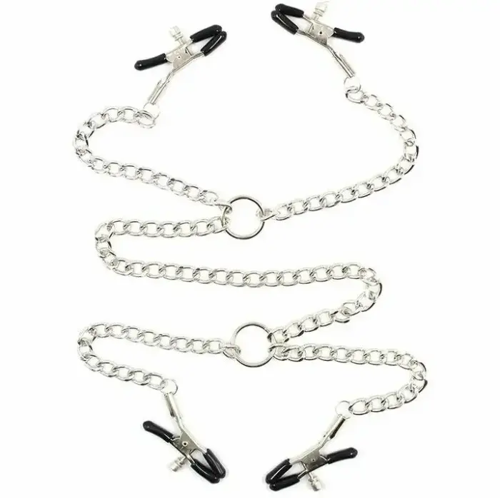 OHMAMA Fetish Adjustable Metal Nipple Clamp Set with Chains, 4-Piece – Silver