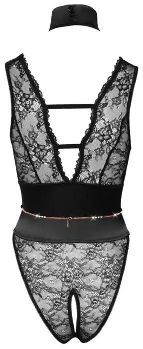 Abierta Fina Lace Bodysuit with Rhinestone Chains – Black – S Photo