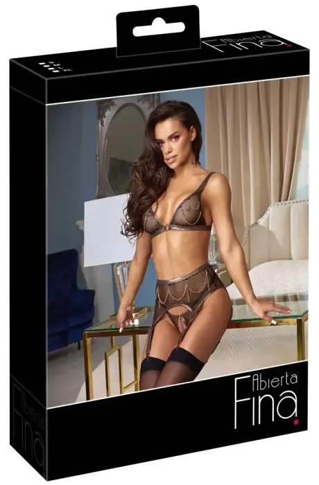 Abierta Fina Mesh Suspender Lingerie Set – Black – M