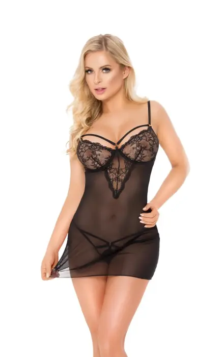Alida Chemise with Stockings – Black – M
