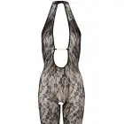 Tīkliņa catsuit ar kakla siksniņām un atvērtu starpkāju – melns – S/M Foto 4