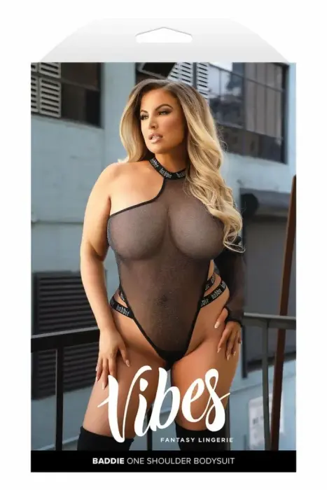 Fantasy Lingerie Baddie – vienpusēja mirdzošā tīkliņa body – melns – viens izmērs