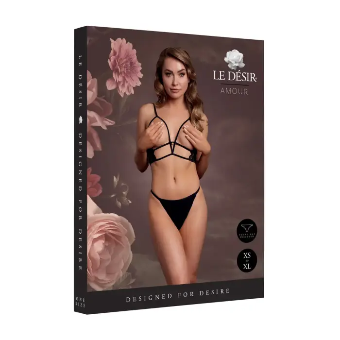 Open Cup Triangle Bra with Lace and Adjustable Sliders – Black – One Size