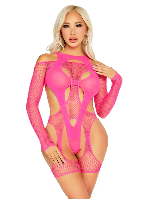 Fishnet Garter Harness and Teddy – Pink – One size