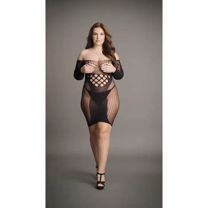 Mini kleita ar tīkliņu un kontrastu, garām piedurknēm – Plus size Foto 11