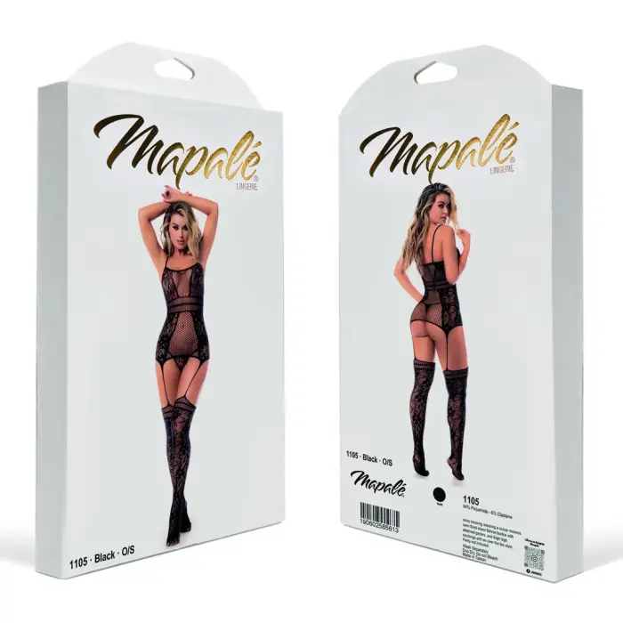 Fishnet Bodysuit with Necklines and Straps – One Size – Black