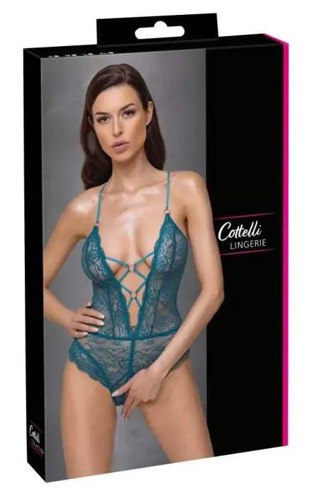 Cottelli LINGERIE Lace Bodysuit with Open Crotch – Teal – S