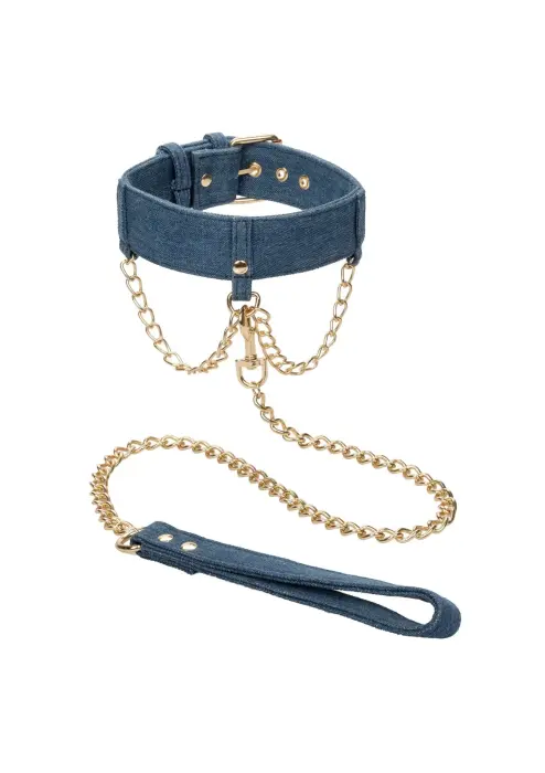 Ride 'em Denim Collar with Leash – Blue