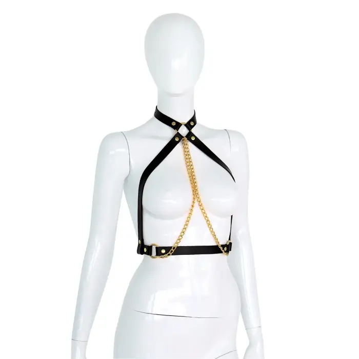 Leather Collar Chest Top with Gold Chains – Black
