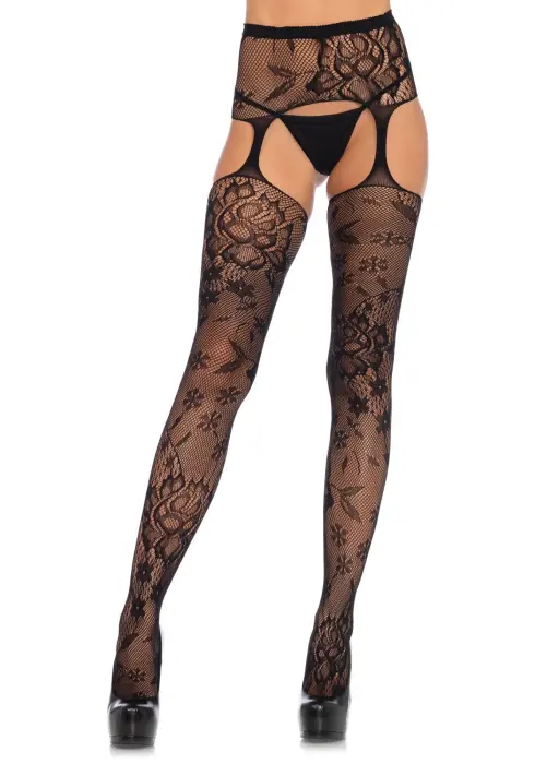 Leg Avenue Floral Lace Stockings with Garter Belt – Black – One Size