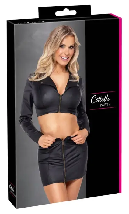 Cottelli PARTY Set - Matte Black Crop Jacket & Mini Skirt – S