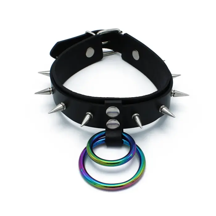 Black Leather Spiked Collar with Double Rainbow O-Rings