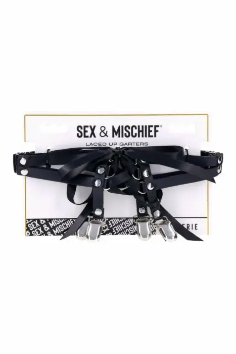 Sportsheets Sex and Mischief – lace-up faux leather garters – adjustable 46–66 cm – black
