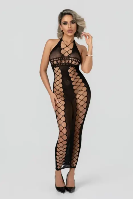 Christine Midnight Fishnet Cut-Out Dress Long Halterneck Black