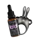 Orgie Orgasmic Bunny – klitora stimulācijas komplekts, 2 daļas (Orgasm Drops uzbudinošs gels, vibrējošs trusīša gredzens) — Foto 2