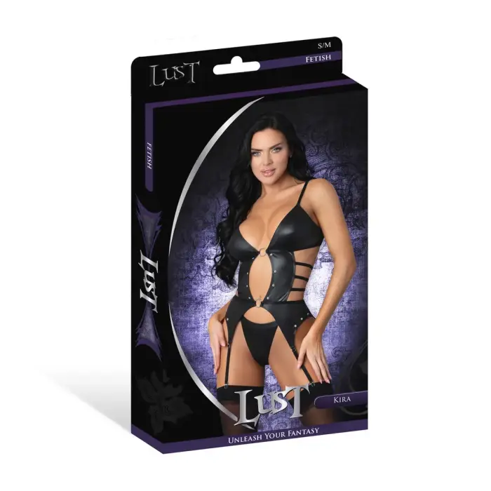Magic Silk Kira atvērta priekšpuse korsete ar zeķturiem un stringiem – melna – S/M