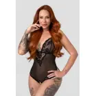 Christine Tina – body ar atvērtu starpi, dziļu V-kaklu un izgriežņiem mežģīnēs – melns – S/M — Foto 1