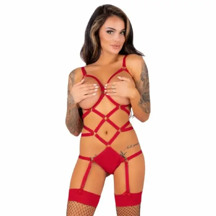 Livco Corsetti Thiara LC 20213 Bodysuit and Stockings Set – Red – L/XL