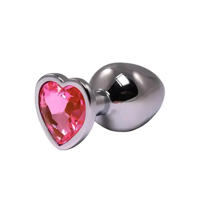 Silver Heart-Shaped Butt Plug with Pink Crystal – M