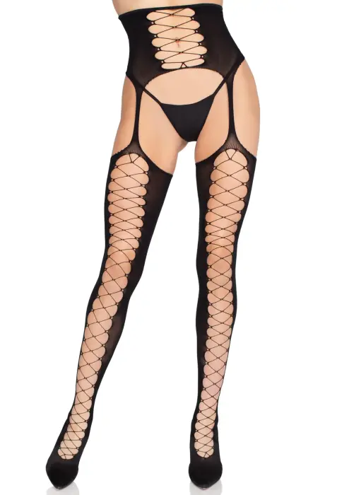 Stockings with Attached Garter Belt – Black – One Size
