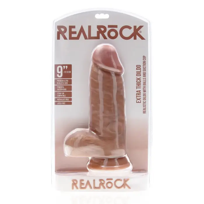 Ypač storas tiesus dildo su sėklidėmis – 23 cm (9″) – kūno spalva