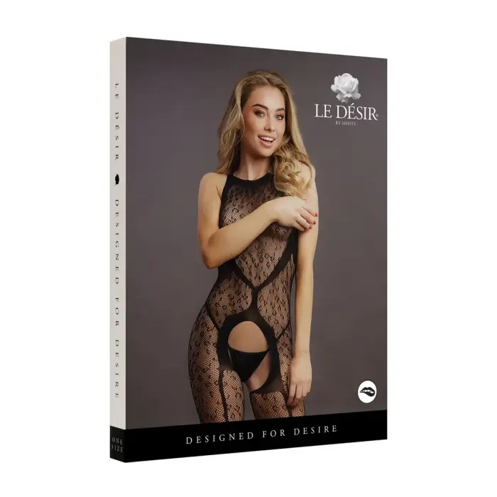 Mesh Bodysuit with Leopard Print and Open Crotch – One Size – Black