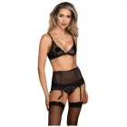 Guilty Pleasure Silhouette Suspender Belt – kõrge vöökohaga poolläbipaistev võrk-sukkpael kuldklambrite ja dekoratiivrõngaga – must – Suurus: L/XL — Foto 4