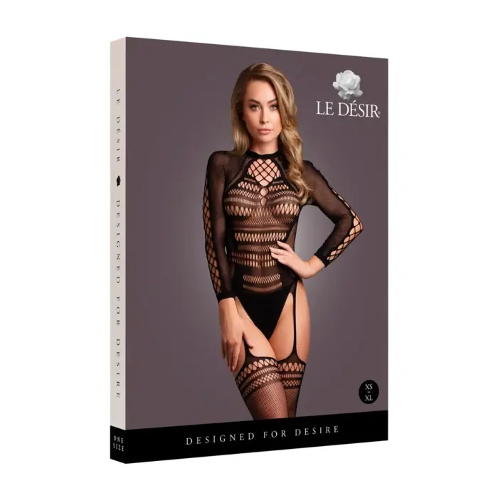 Mesh Bodysuit with Long Sleeves and Short Turtleneck - OS - Black Photo
