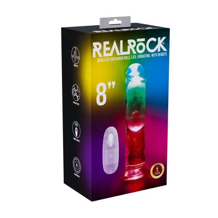 RealRock LED vibreeriv dildo iminapaga – 20 cm (8″) – läbipaistev