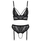 Cottelli LINGERIE mežģīņu krūštura un stringu komplekts ar atvērtu starpkāju un zeķturiem – melns – XL — Foto 8