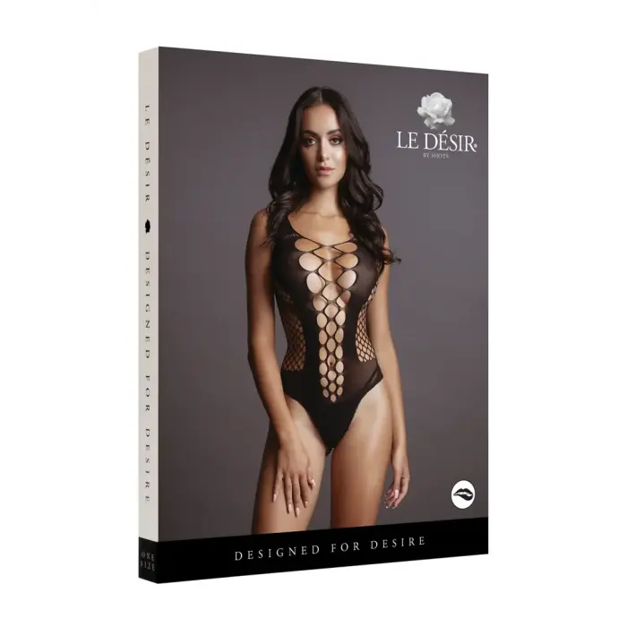 Contrast Fence Net Bodysuit – Black – One Size