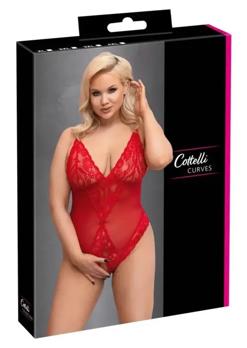 Cottelli CURVES Transparent Crotchless Bodysuit with Adjustable Straps – Red – XL