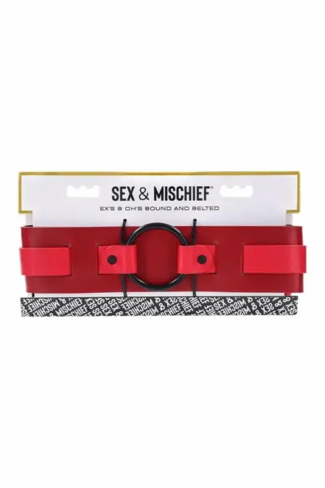 Sportsheets Ex's and Oh's Bound and Belted – faux leather restraint belt – red/black – adjustable