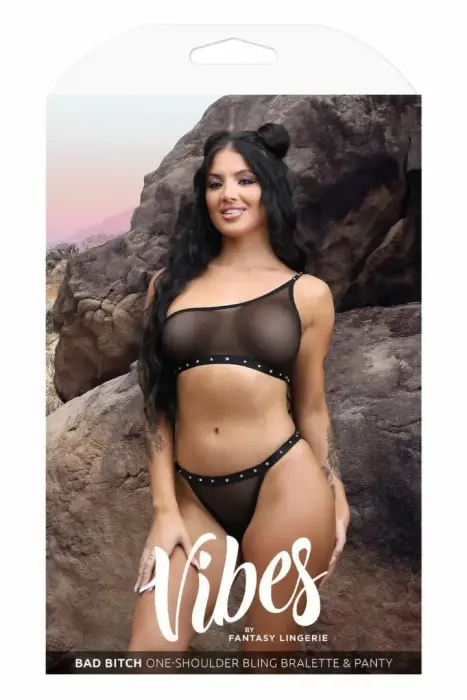 Fantasy Lingerie Bad Bitch Bling – vieno peties strasų tinklelinė braletė ir bikini kelnaitės – juodas – dydis L/XL