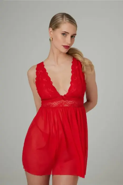 Christine Lieve Babydoll & Thong Set Red - Elegant Lace Design