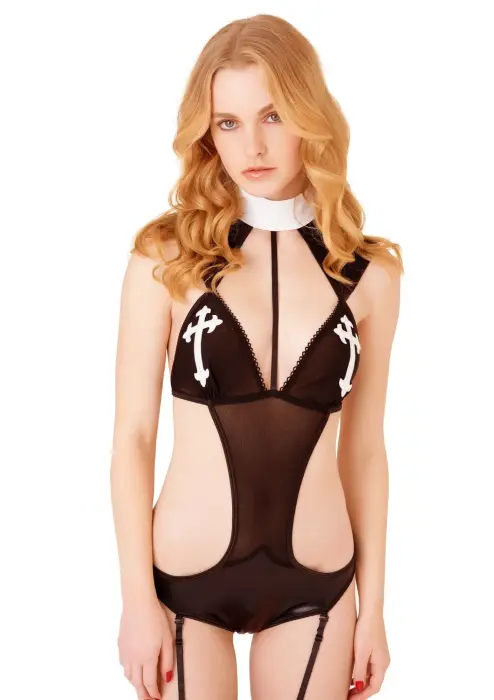 Nav tik svēta! Mūķenes lomu spēles bodijs – melns – S/M Foto 5