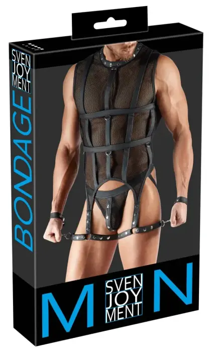 Svenjoyment Bondage vīriešu tīkliņa komplekts – krekls ar gurnu iejūgiem, džoks, 2 aproces – melns – 2XL