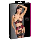 Cottelli LINGERIE krūštura, zeķtura un atvērtu stringu komplekts – sarkans/melns – L — Foto 1