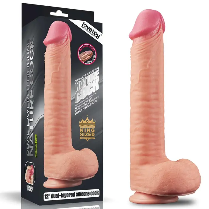 Divkārtu platīna silikona dildo ar piesūcekni – 30 cm (12″) – Miesas krāsa