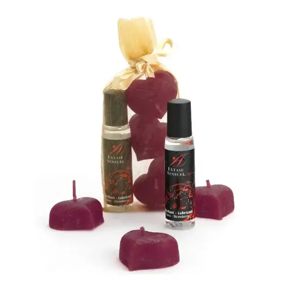 Extase Sensuel Naughty Kit Silk Nights – auksinis maišelis, 3 žvakės ir lubrikantas 30 ml