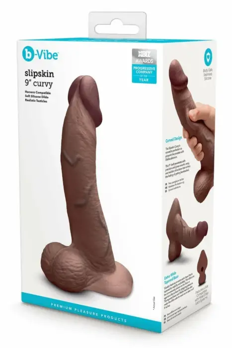 b-Vibe SlipSkin 9" Curved – силиконовый фаллоимитатор, реагирующий на давление, на присоске – Цвет: коричневый – 22,9 см