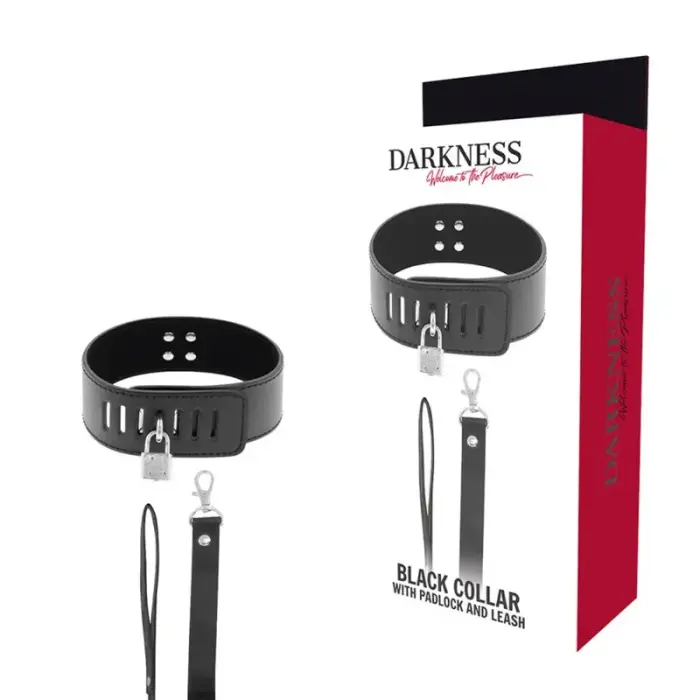 Darkness – neoprene collar with padlock and vegan leather leash – black