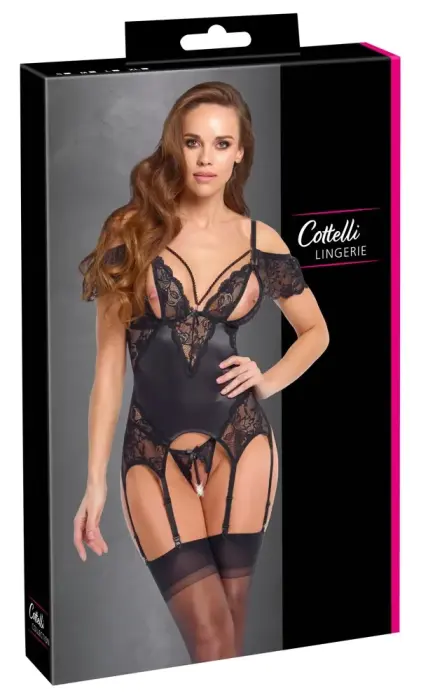 Cottelli LINGERIE sukahoidjatega korsett pärlite ja lipsudega – must – L