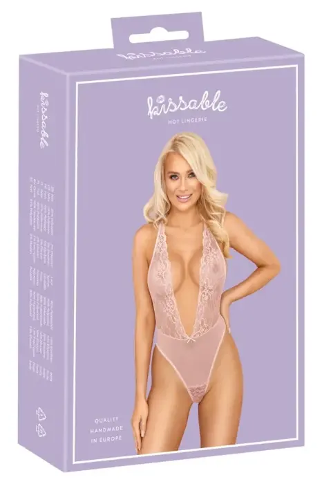 Kissable Kissable Bodysuit Pink L/XL – Delicate Lace & Powernet, Adjustable Straps