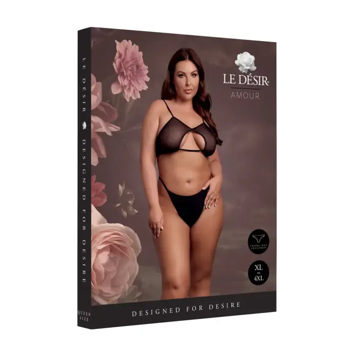 Keyhole Mesh Bra with Double Back Straps and Adjustable Sliders – Plus Size – Black