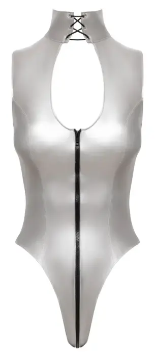 Black Level виниловое боди с высоким воротником и шнуровкой – серебристое – M Фото num