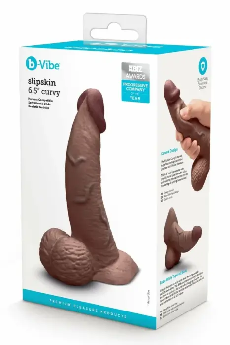 b-Vibe SlipSkin 6,5" Curved – силиконовый фаллоимитатор, реагирующий на давление, на присоске – коричневый – 16,5 см