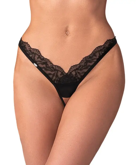 Obsessive Arrowel String with Open Crotch and Lace Detail – Black – L/XL