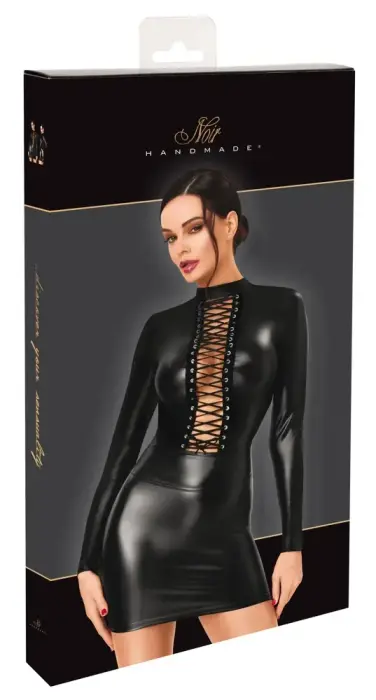 Noir Handmade – мини-платье из powerwetlook со шнуровкой в декольте и длинными рукавами – чёрное – S