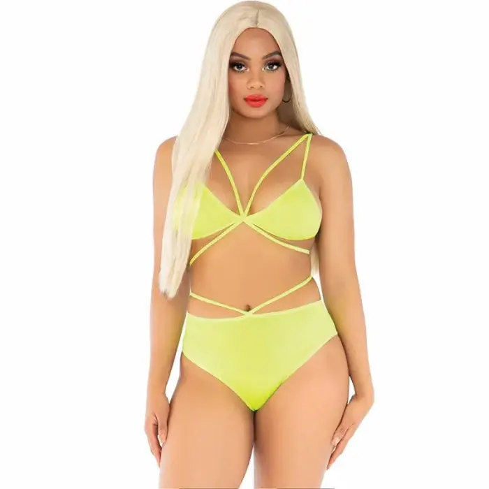 Leg Avenue Strappy Yellow & Coral Lingerie Set – Bra & Panties, One Size